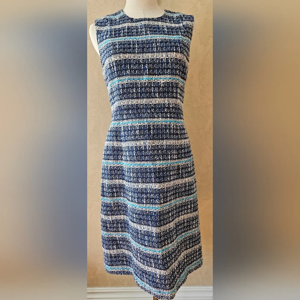 TORY BURCH Petra Blue Tweed Sheath Dress Blue and White